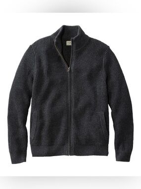 L.L. Bean organic cotton waffle knit full zip sweater small gray black heavy